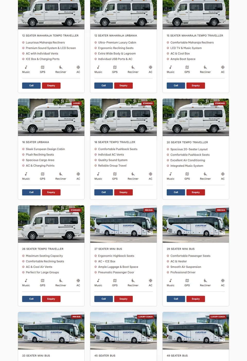 The fleet section of the site: a grid of vehicle cards — 12- to 26-seater tempo travellers, mini buses and luxury coaches — each with seat count, comforts and Call and Enquiry buttons