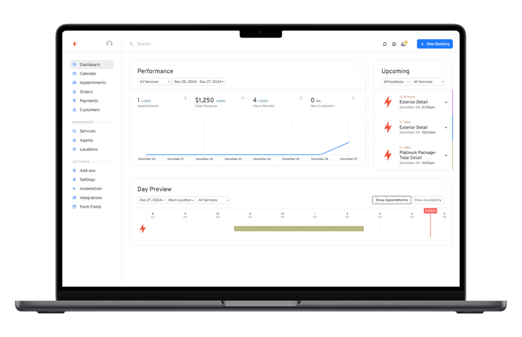Mockup of the dashboard of Volts Booking software for car detailers