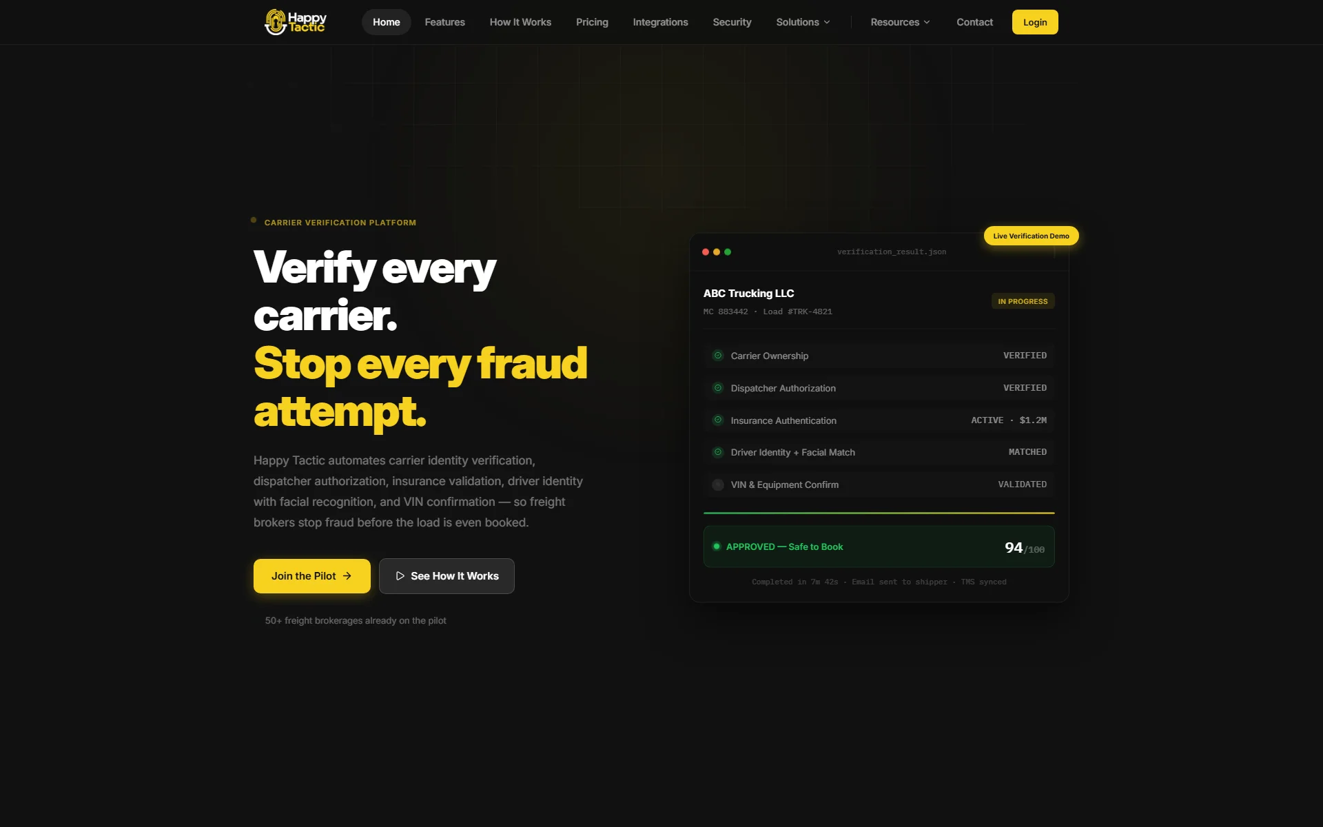 The Happytactic homepage on desktop: the headline 'Verify every carrier. Stop every fraud attempt.' beside a live verification demo card showing carrier ownership, dispatcher authorization and insurance checks resolving to an approved risk score