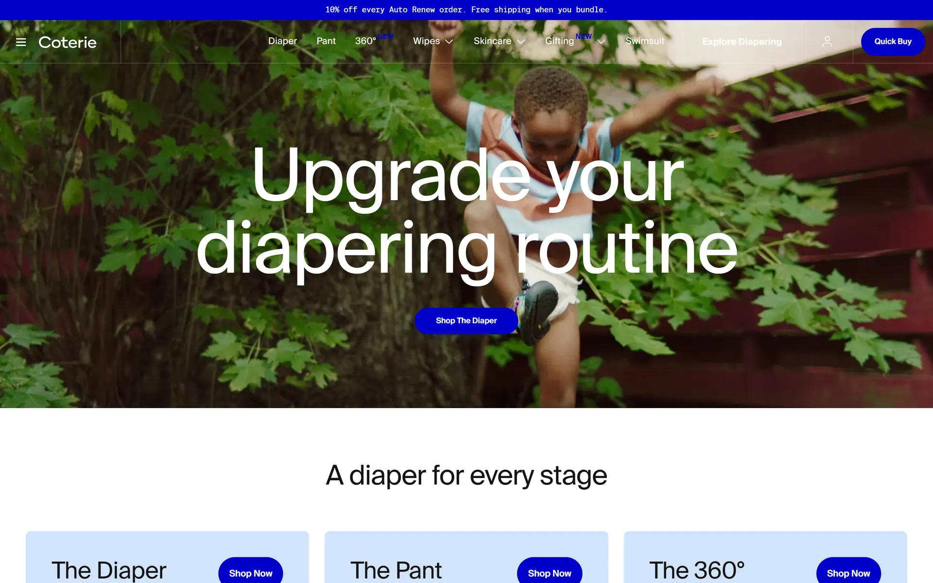 Coterie homepage on desktop: warm hero photography of a child behind the headline 'Upgrade your diapering routine', a Shop The Diaper button, and a 'A diaper for every stage' product row below