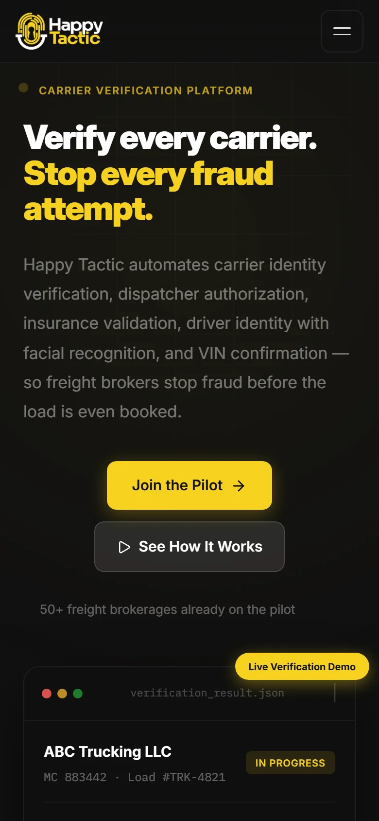 The Happytactic homepage on a mobile viewport: the 'Verify every carrier. Stop every fraud attempt.' headline above Join the Pilot and See How It Works buttons