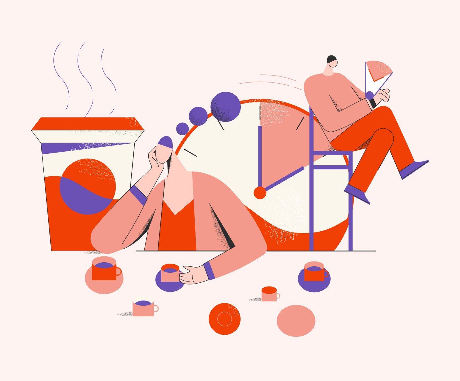 Illustration of people relaxing beside a large clock and coffee cups