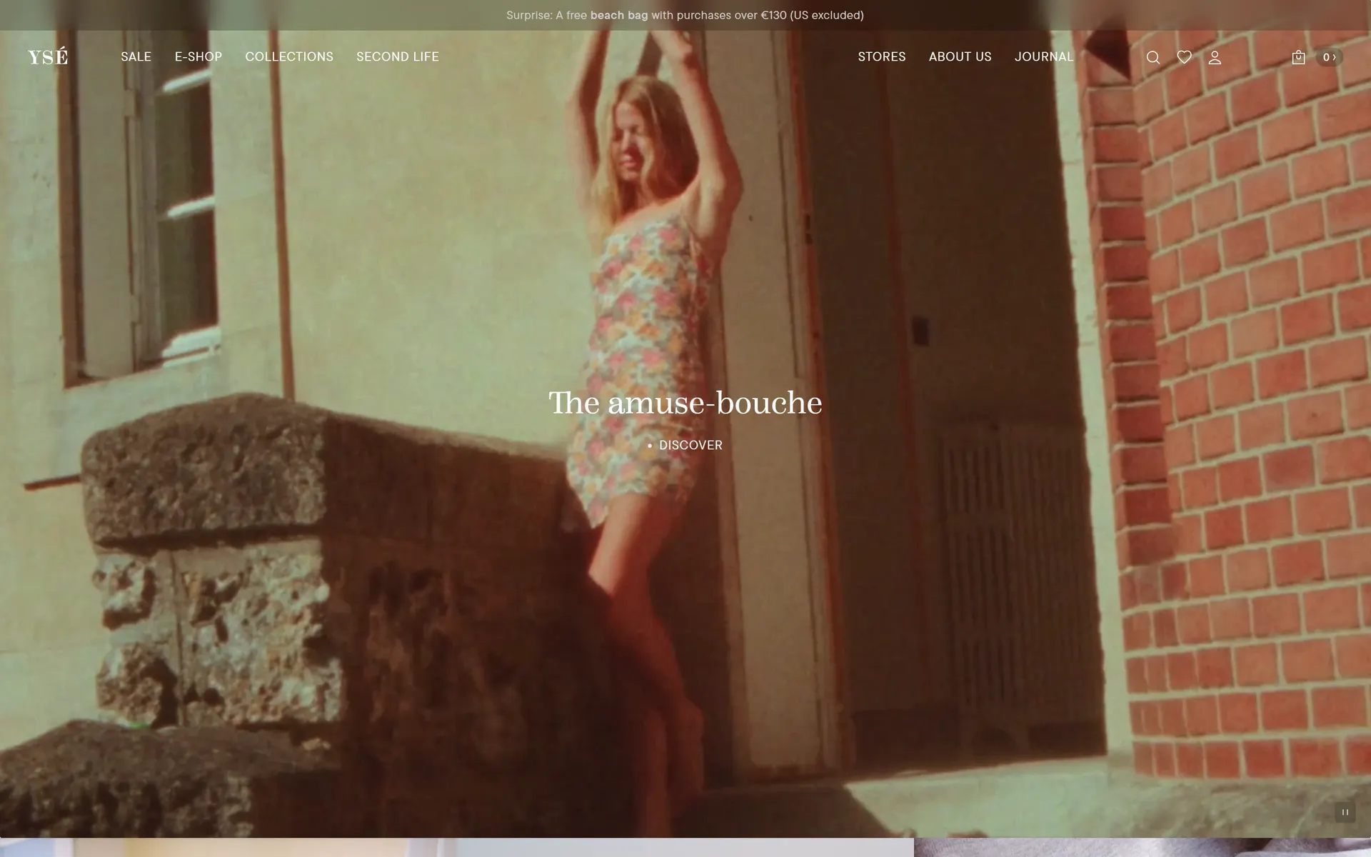 Ysé's homepage: a warm, sun-bleached film-still hero of a woman in a floral dress, captioned 'The amuse-bouche', with the YSÉ logo and navigation