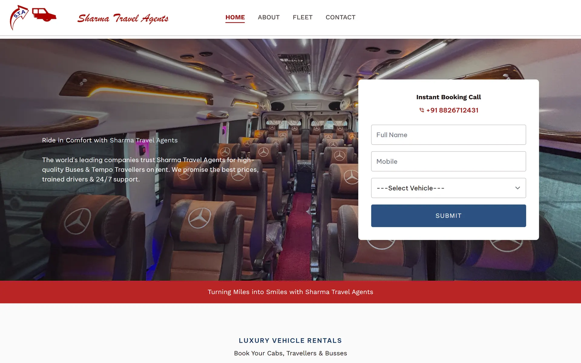 Sharma Travel Agent's homepage: the headline 'Ride in Comfort with Sharma Travel Agents' over a coach interior, beside an 'Instant Booking Call' enquiry form