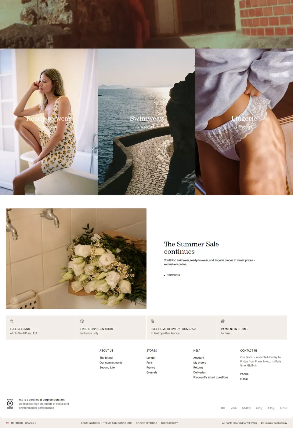 Deeper in the page: three editorial category tiles for Ready-to-wear, Swimwear and Lingerie, a 'Summer Sale' feature and a footer noting Ysé is a certified B Corp